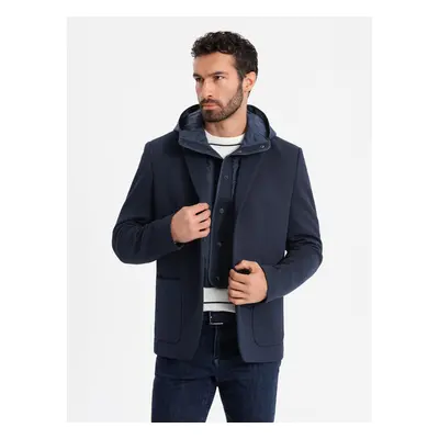 Ombre Men's jacket with hooded lining and high collar - navy blue