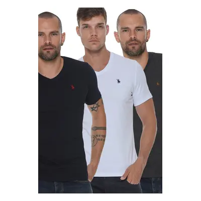 TRIPLE SET T8568 DEWBERRY V-NECK MEN'S T-SHIRT-ANTHRACITE-WHITE-NAVY BLUE