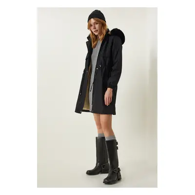 Happiness İstanbul Women's Black Hooded Fur Coat