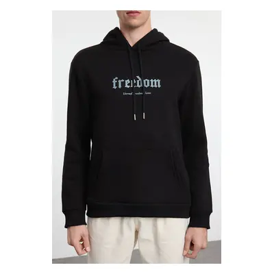 Trendyol Black Regular Cut Puffy Text Printed Hooded Sweatshirt