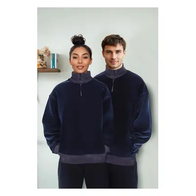 Trendyol Navy Blue Oversize/Wide Cut Stand Collar Color Block Anti-Pilling Polar Fleece Sweatshi