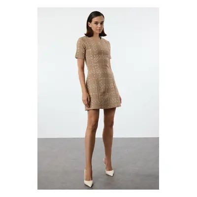 Trendyol Camel Plaid / Checkered Straight Cut Mini Tweed Woven Dress