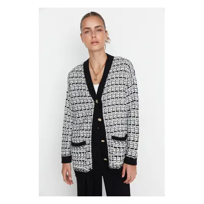 Trendyol Black Wide Fit Tweed Look Silvery Knitwear Cardigan