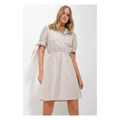 Trend Alaçatı Stili Women's Beige Shirt Collar Watermelon Sleeve Poplin Dress