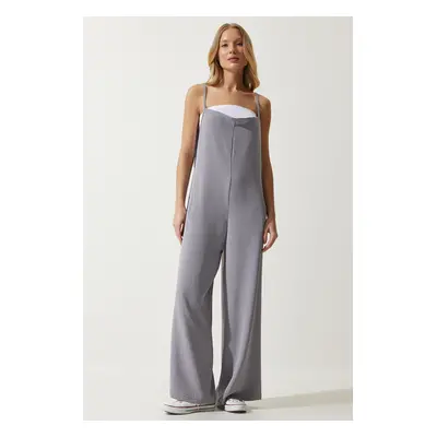 Happiness İstanbul Women's Gray Strap Loose Knitted Overalls Jumpsuit