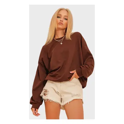 Trend Alaçatı Stili Women's Bitter Brown Crew Neck Oversize Basic Sweatshirt