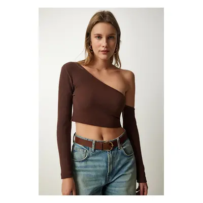 Happiness İstanbul Women's Brown Single Sleeve Ribbed Crop Knitted Blouse