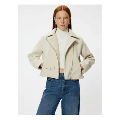 Koton Soft Texture Short Biker Jacket with Zippered Pockets