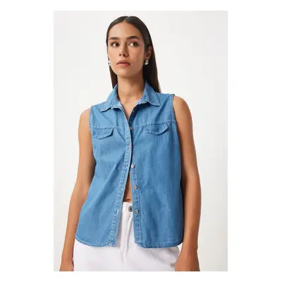 Happiness İstanbul Women's Blue Pocket Flap Denim Vest