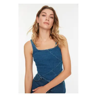 Trendyol Blue Stitching Detailed Strappy Denim Blouse