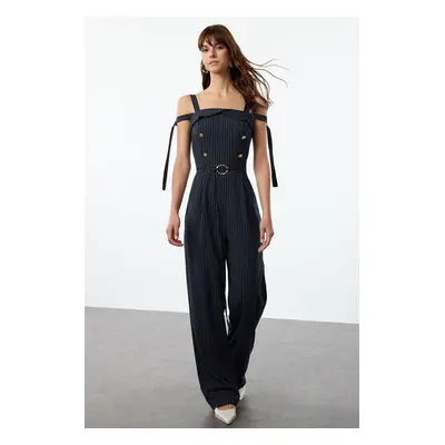 Trendyol Navy Blue Striped Belted Long Jumpsuit with Adjustable Sleeves