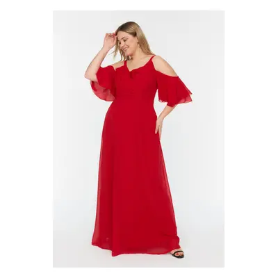 Trendyol Curve Red Frilled Sleeves Woven Double Breasted Chiffon Evening Dress/Night/Graduation/