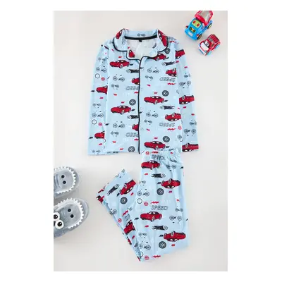 Trendyol Baby Blue Boy Printed Pajama Set Knitted Bottom-Top Set