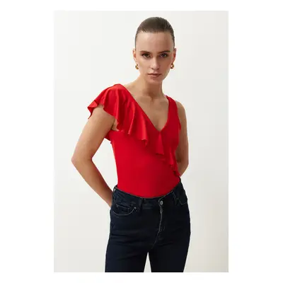 Trendyol Red Fitted Ruffle Detailed V-Neck Stretchy Knitted Bodysuit with Snap Fasteners