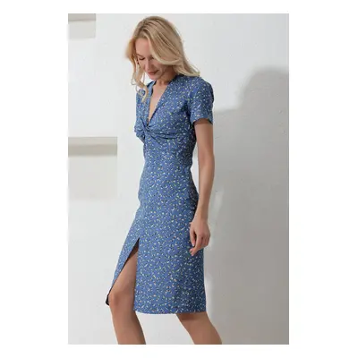 Trend Alaçatı Stili Women's Blue V-Neck Front Knotted Floral Pattern Woven Dress