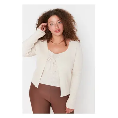 Trendyol Curve Beige V-Neck Tie Detailní Jemné pletené oblečení Cardigan & Tílko Set