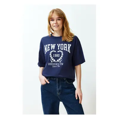 Trendyol Navy Blue 100% Cotton City Print Oversize/Wide-Fit Knitted T-Shirt