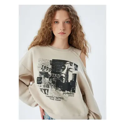 Koton Oversize Sweatshirt Window Detail Printed Crew Neck Raised