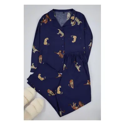 Trendyol Curve Navy Blue Tiger Pattern Shirt Collar Woven Pajama Set