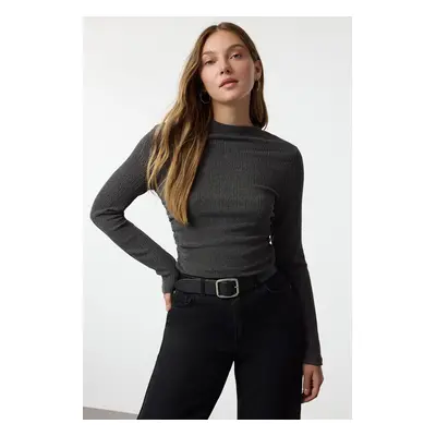 Trendyol Anthracite Stand Collar Gathered/Drape Detailed Regular/Normal Pattern Knitted Blouse