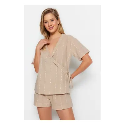 Trendyol Beige 100% Cotton Striped Wide Pattern Woven Pajama Set