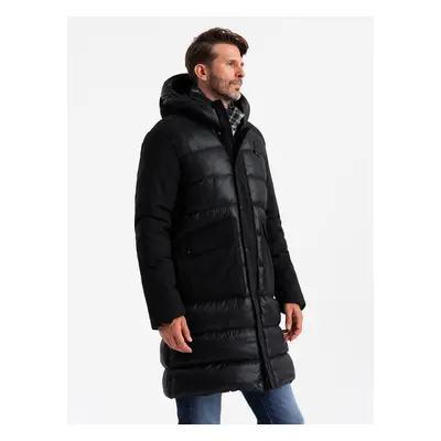 Ombre Men's long quilted jacket with large pockets - black