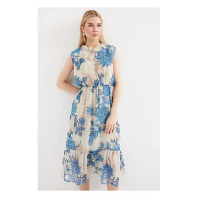 Bigdart Patterned Zero Sleeve Chiffon Dress - Blue