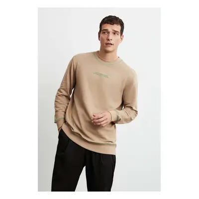 GRIMELANGE Albert Men's Round Neck Fleece Printed And Contrast Stitched Beige Sweatshir