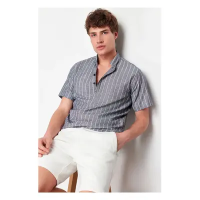 Trendyol Indigo Regular Fit Flam Cotton Striped Short Sleeve Shirt