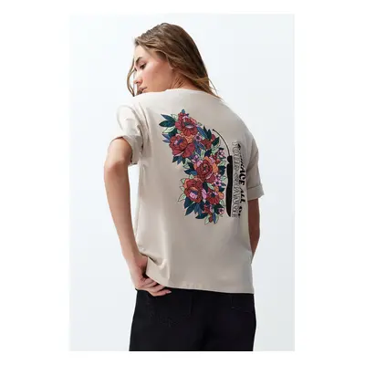 Trendyol Stone Back Printed Relaxed Short Sleeve Knitted T-Shirt