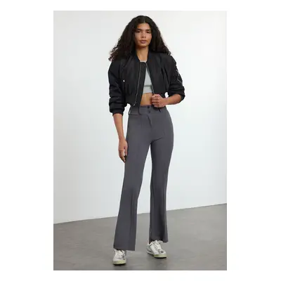 Trendyol Anthracite Ribbed Detail High Waist Flare/Flare Trousers