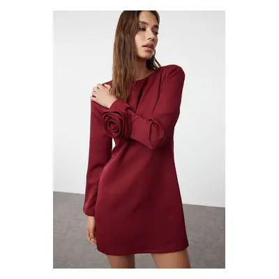 Trendyol Burgundy Straight Cut Rose Detailed Mini Woven Dress