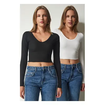 Happiness İstanbul Women's Black and White V-Neck 2-Pack Crop Knitted Blouse