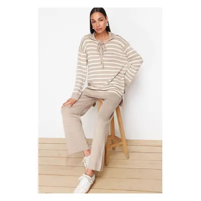 Trendyol Mink Striped Collar Tie Detailed Sweater-Pants Knitwear Bottom-Top Set