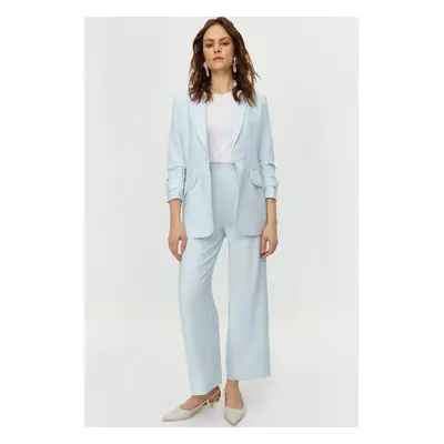 Trendyol Blue Pearl Detailed Crepe Jacket Trousers Woven Bottom Top Set