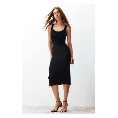 Trendyol Black Body-Sitting Degaje Collar Flexible Knitted Midi Pencil Dress