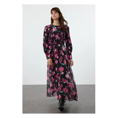 Trendyol Black Floral Patterned Ruffled Woven Dress