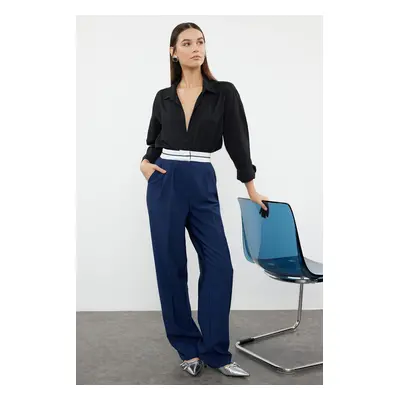 Trendyol Navy Blue Wide Leg High Waist Belt Detailed Woven Fabric Trousers