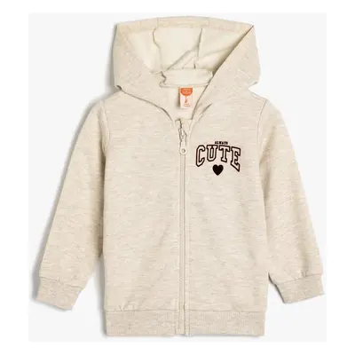 Koton Hooded Sweatshirt Zippered Slogan Printed Cotton Blend