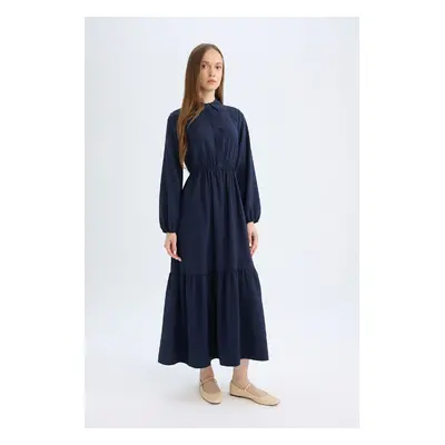 DEFACTO Shirt Collar Basic Plain Buttoned Waist Gathered Long Sleeve Maxi Navy Blue Dress