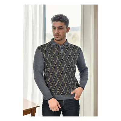 29477 Dewberry Zippered Polo Collar Mens Sweater-GREY