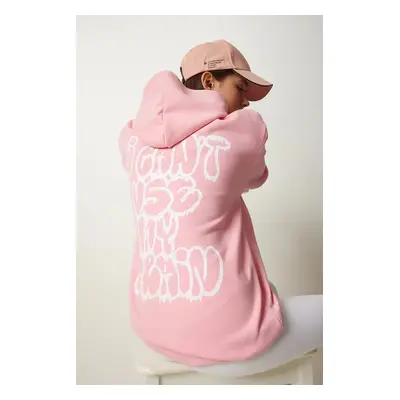 Happiness İstanbul Women's Light Pink Hooded Printed Raised Sweatshirt