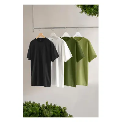 Trendyol Black-Khaki-Light Green-Ecru Slim/Slim Cut 4-Piece Basic 100% Cotton T-Shirt