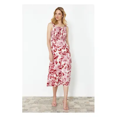 Trendyol Dried Rose abstract Patterned A-line Gipe Detail Viscose Midi Woven Dress