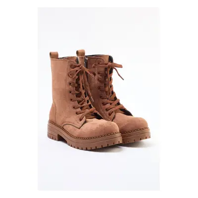 Trendyol Brown Suede Lace-Up and Zippered Short Flat Heel Women's Combat Boots