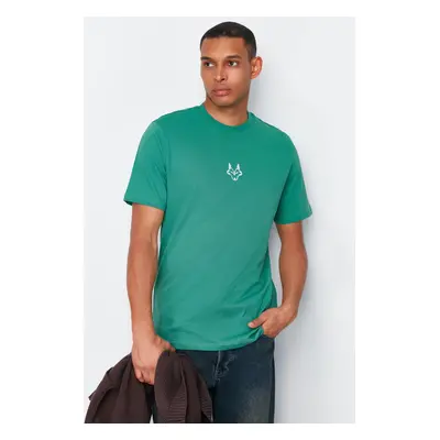 Trendyol Dark Green Regular Cut Wolf Embroidered 100% Cotton T-Shirt