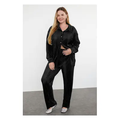 Trendyol Curve Black Elastic Elastic Waist Pleated Plus Size Shirt Trousers Top-Bottom Set