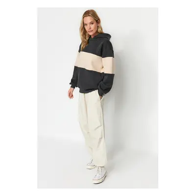 Trendyol Anthracite Thick Fleece Interior Color-blocked Oversize/Wide Fit Hooded Knitted Sweatsh