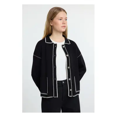 Trendyol Black Color Block Polo Neck Knitted Cardigan