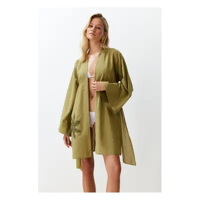 Trendyol Oil Green Belted Mini Woven Embroidered 100% Cotton Kimono&Kaftan